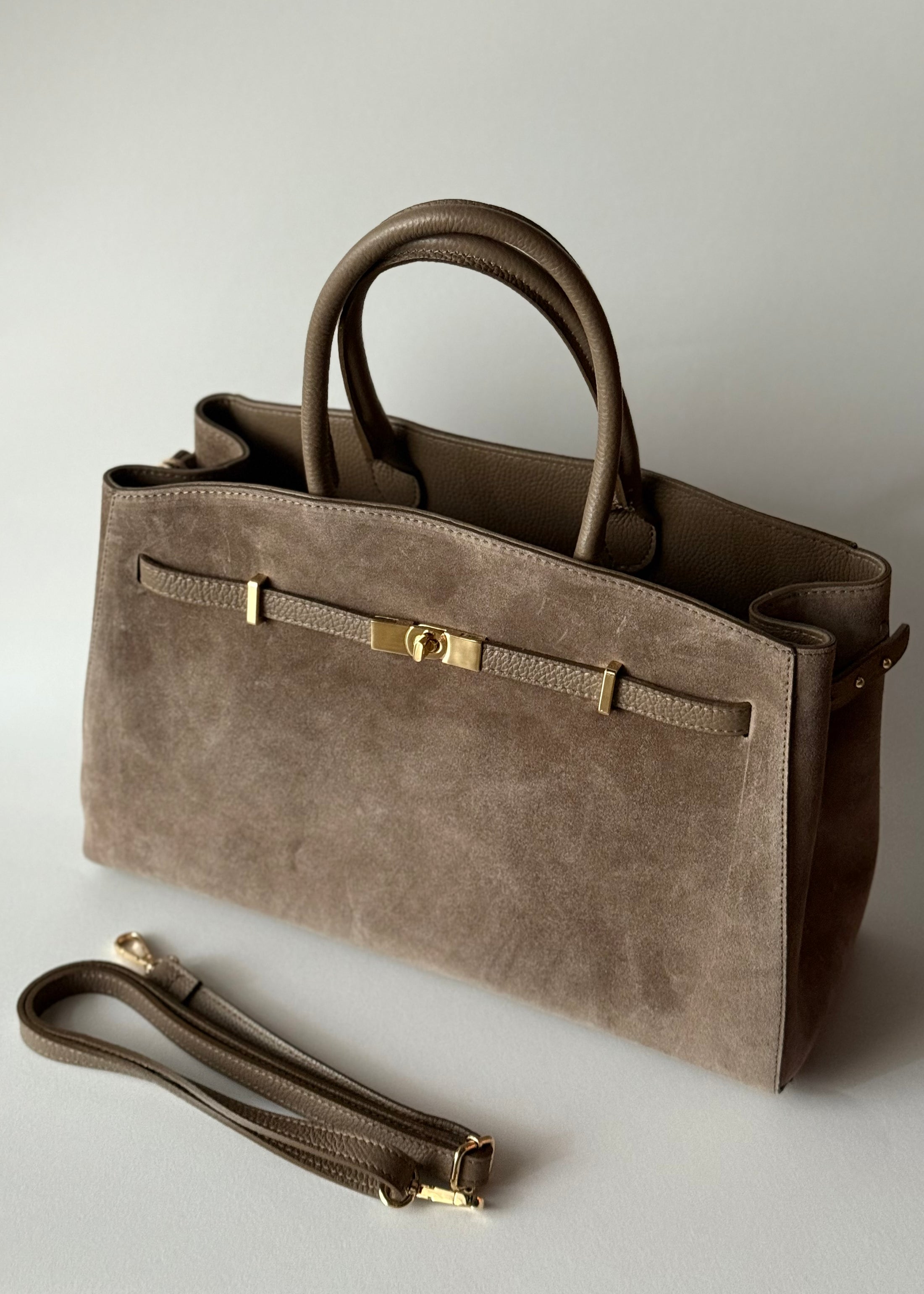 Borsa a Mano in Camoscio con Dettaglio Chiusura Oro