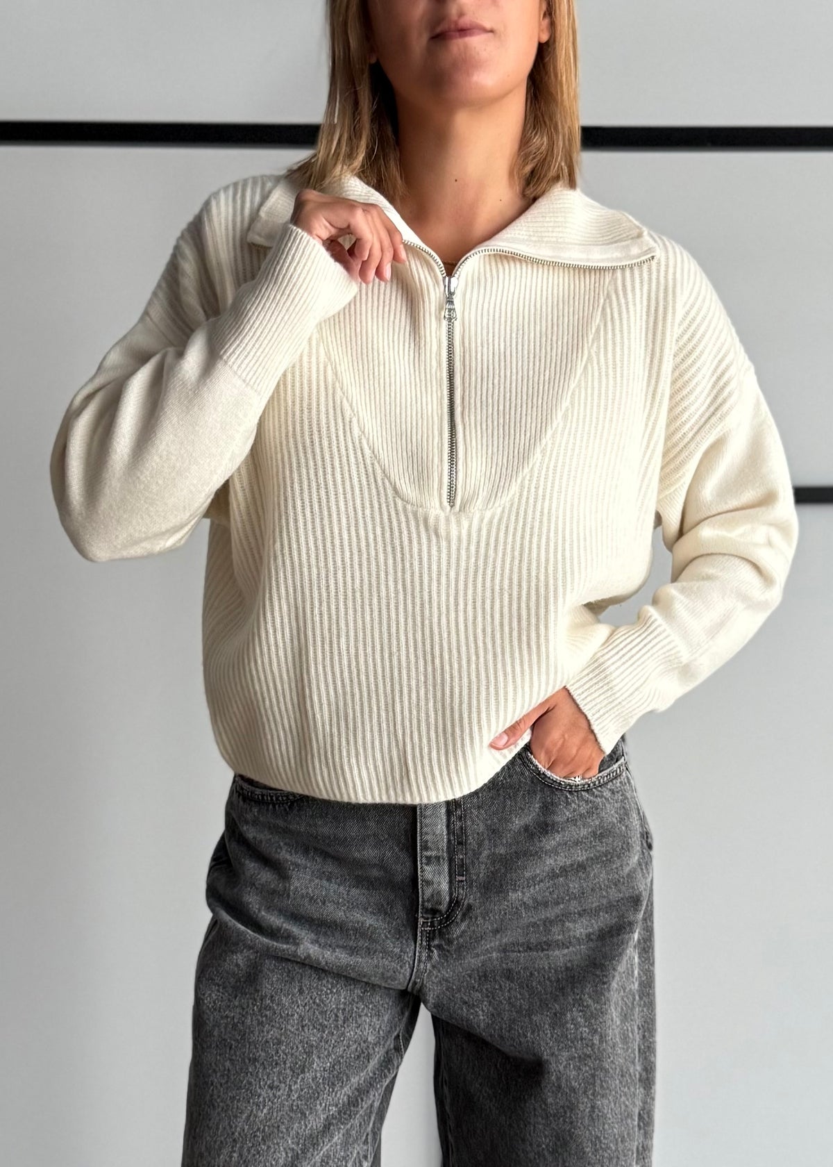 Maglia panna a coste con zip - PHILIALOFT