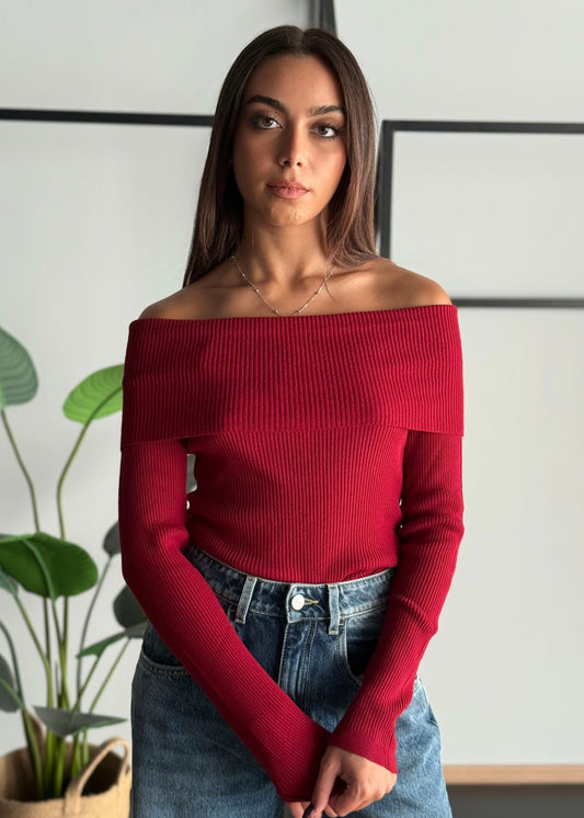 Maglia a coste con scollo Bardot -KONTATTO