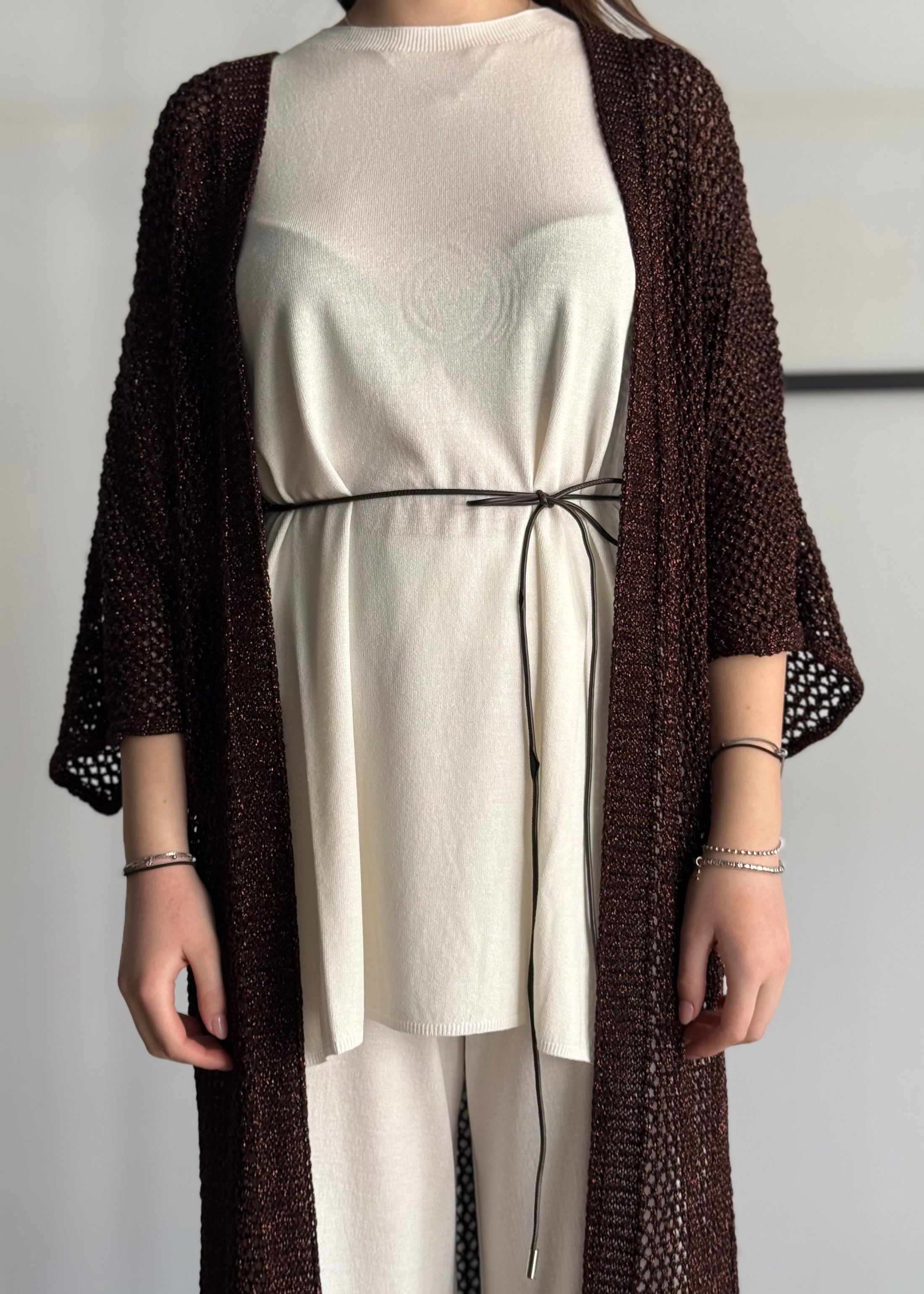 Cardigan lungo KONTATTO traforato con frange