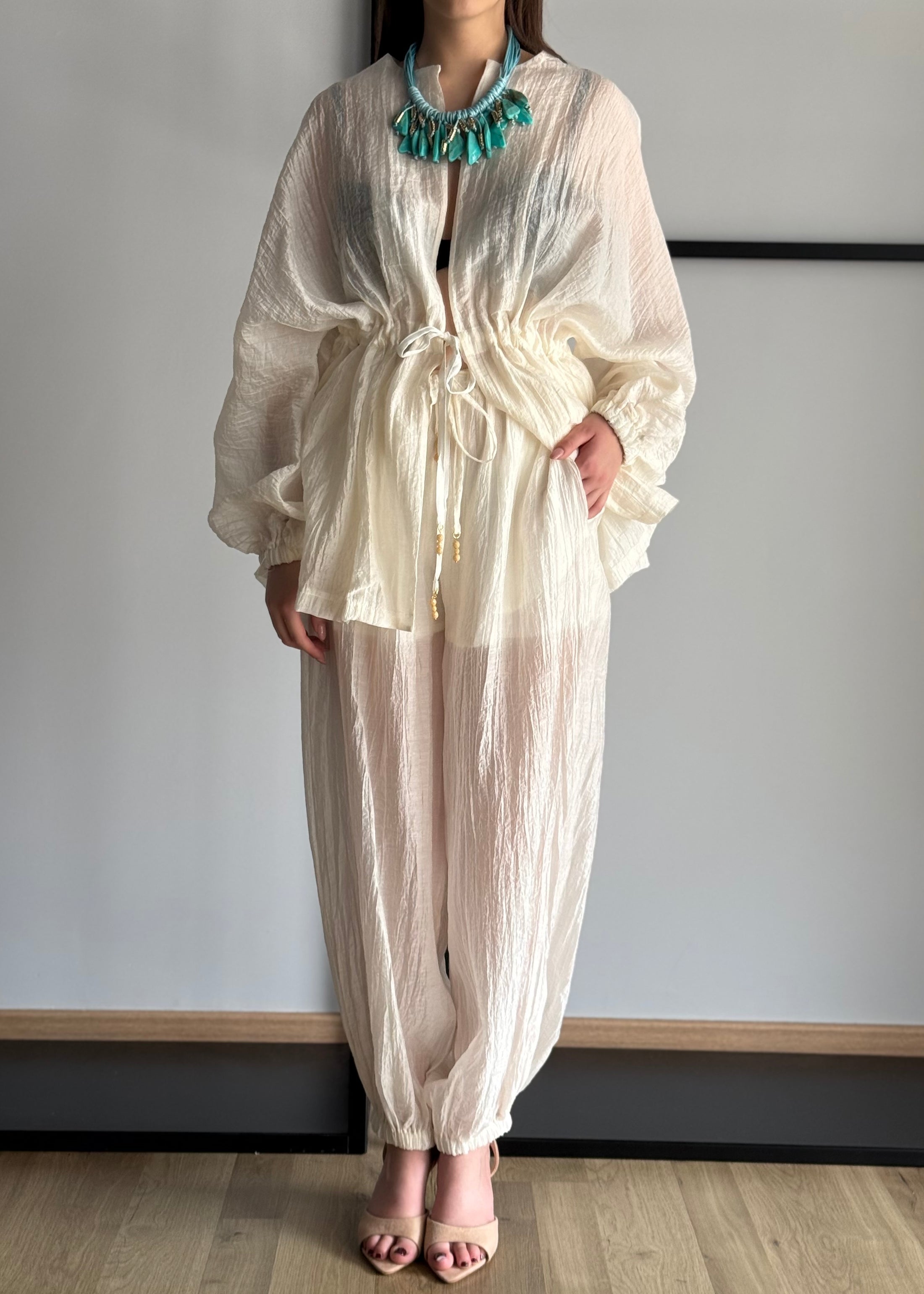 Kimono PHILIALOFT leggero panna con coulisse