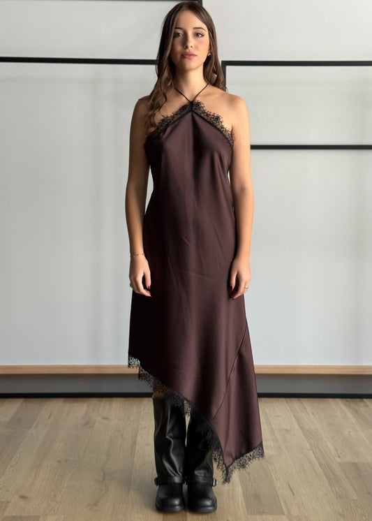 Abito sottoveste asimmetrico in raso con pizzo -PHILIALOFT