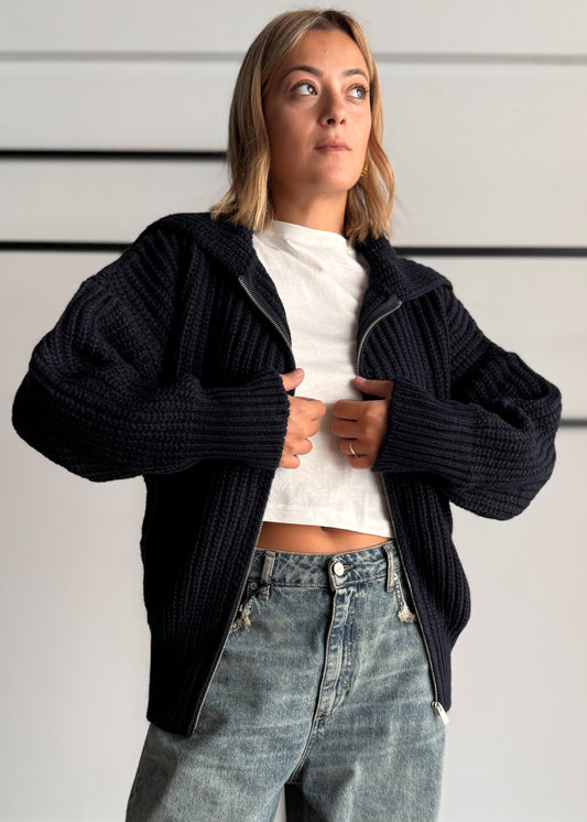 Cardigan blu con maxi collo e zip - KONTATTO