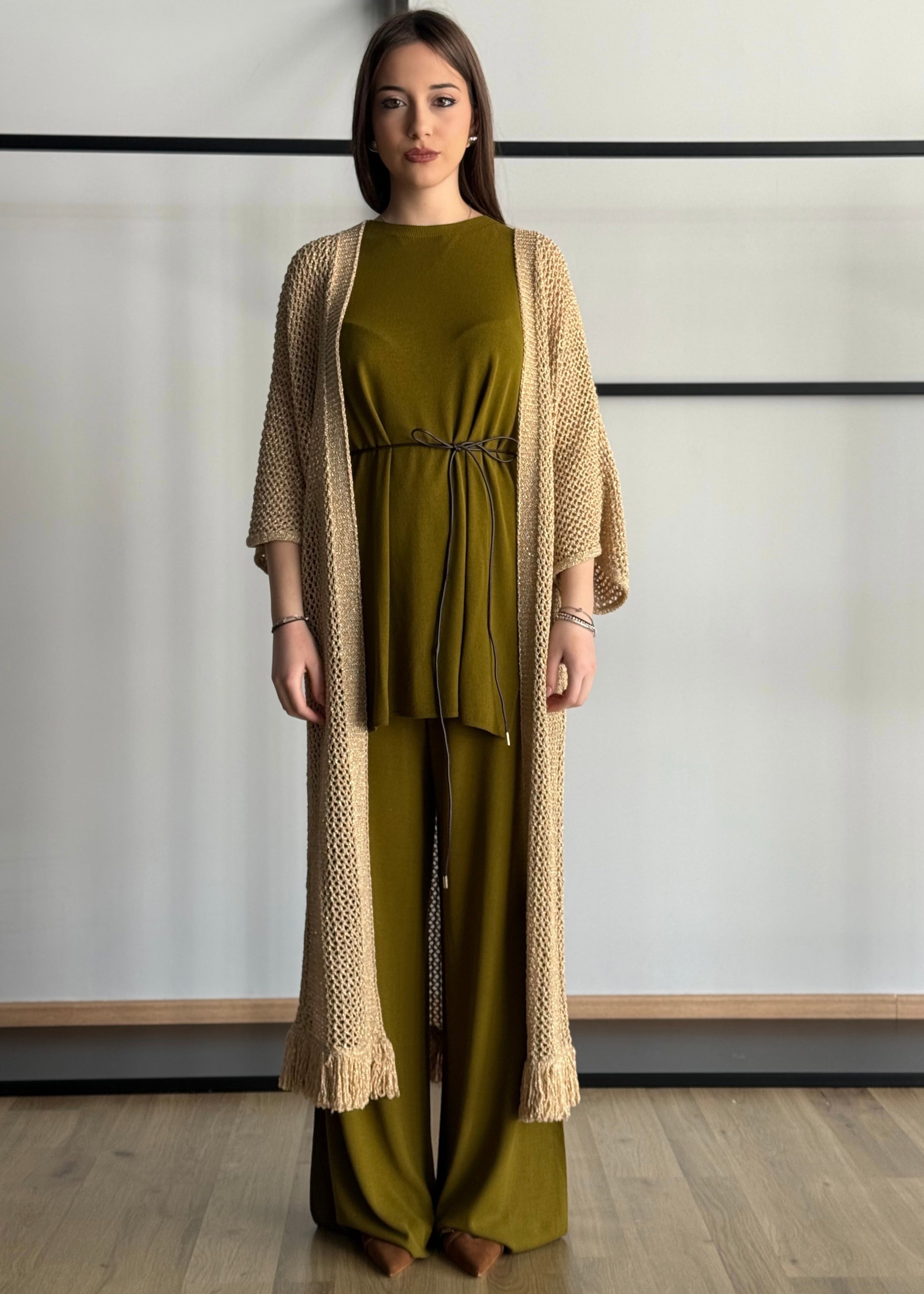 Cardigan lungo KONTATTO traforato con frange