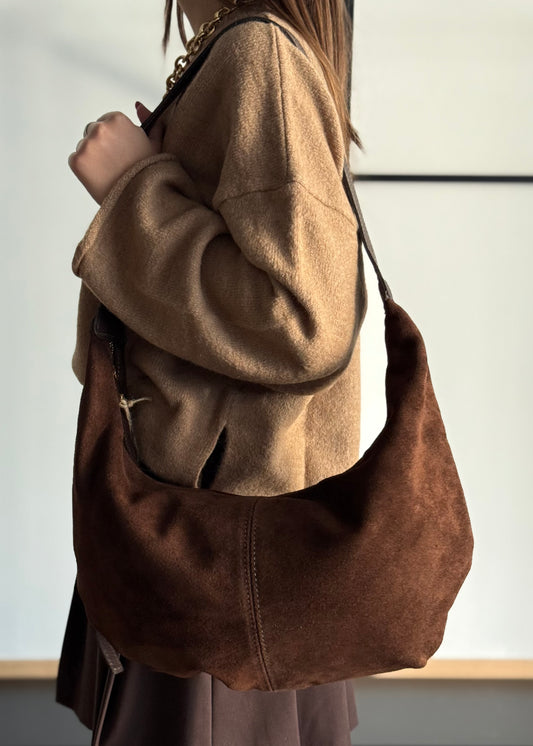 Borsa Hobo in Camoscio Marrone con Dettagli in Pelle