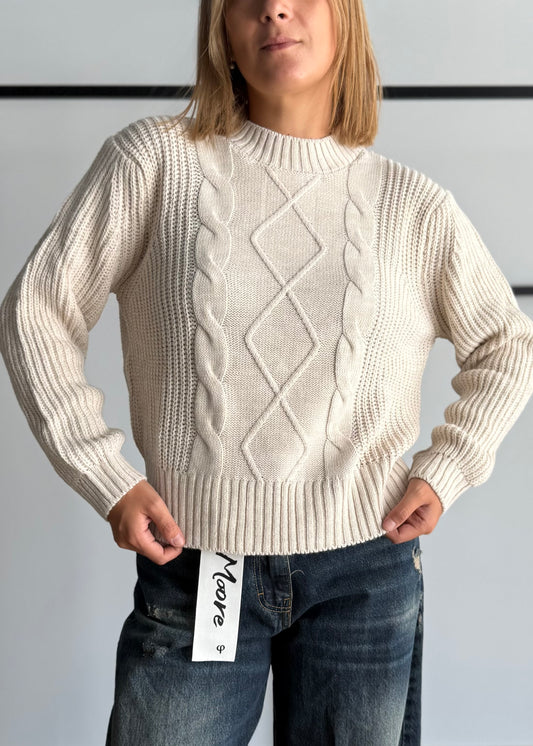 Maglia trecce latte girocollo - ZAHJR