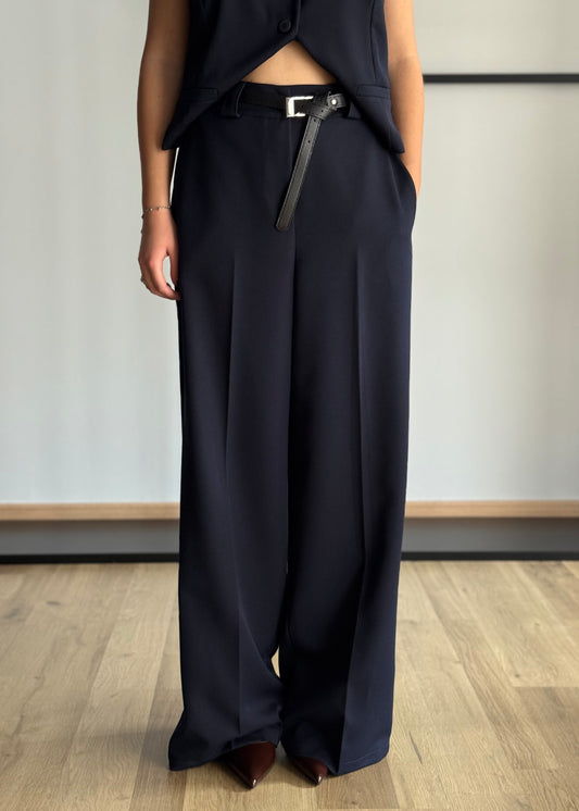 Pantaloni palazzo blu con cintura sottile nera -ZAHJR