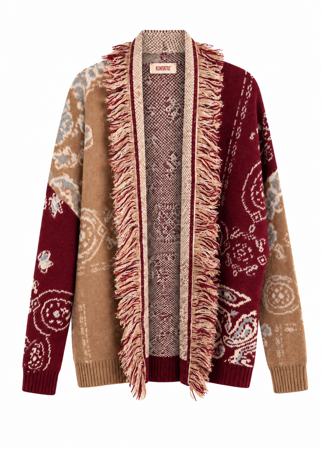 Cardigan jacquard con frange mastice - KONTATTO