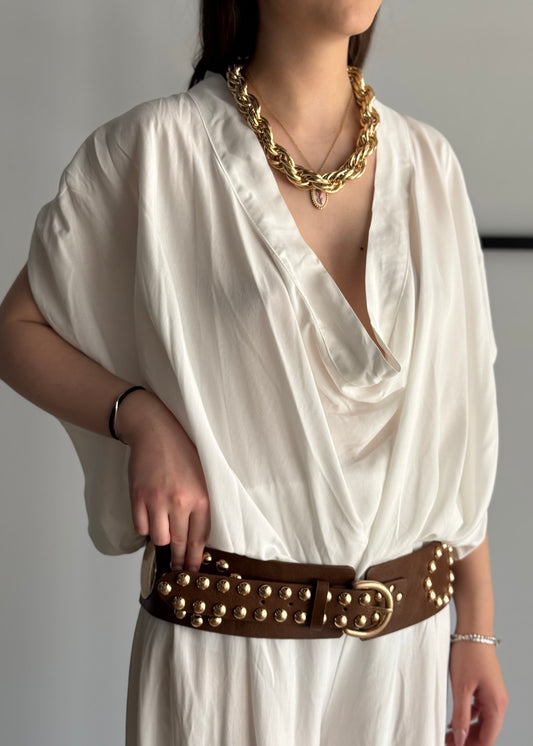 Blusa KONTATTO drappeggiata bianca con spalle arricciate