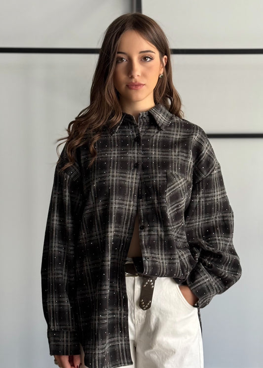 Camicia Oversize Check Nera con Dettagli Brillanti