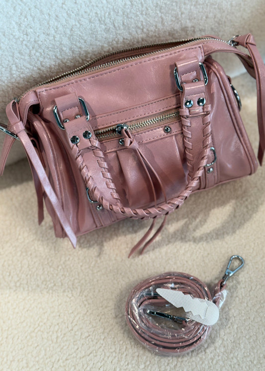 Borsa THEVICE rosa con manici intrecciati e tracolla