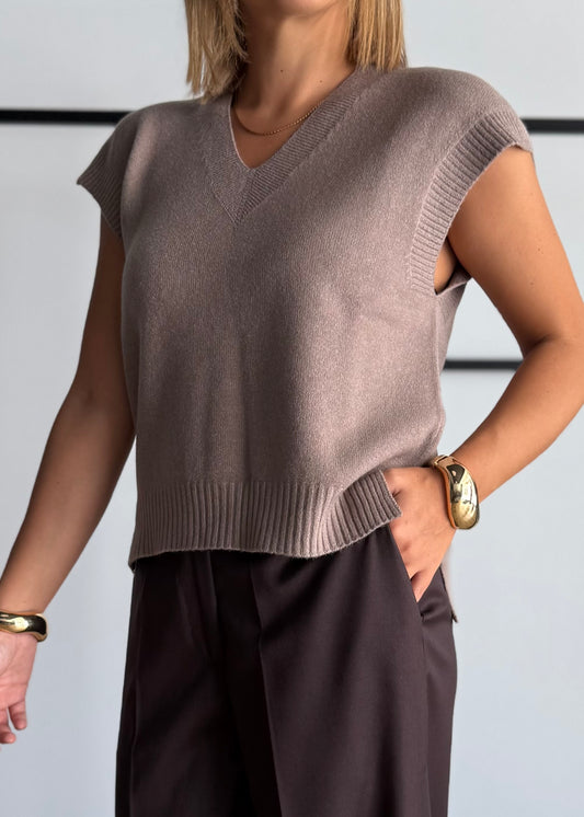 Gilet in maglia con scollo V tortora - ZAHJR