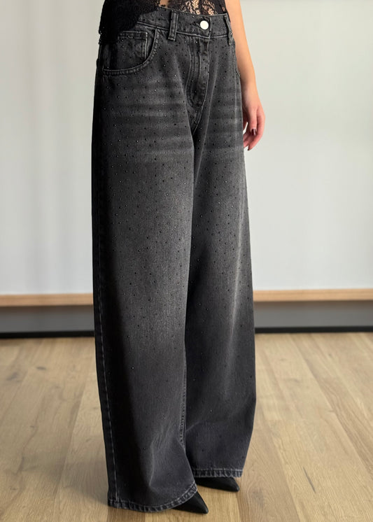 Jeans Wide Leg Nero con Strass
