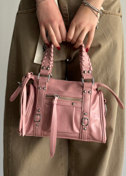 Borsa THEVICE rosa con manici intrecciati e tracolla