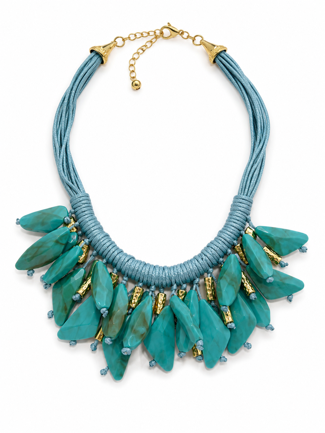 Collana Statement Turchese con Pendenti Geometrici e Dettagli Dorati