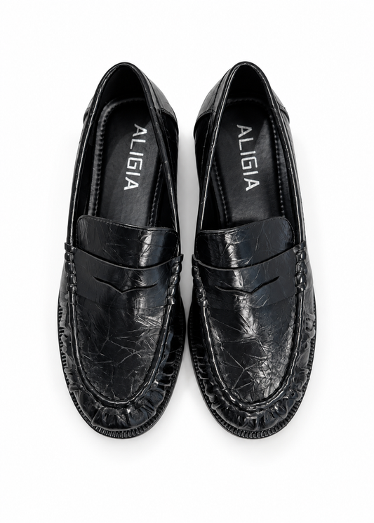 Mocassino nero effetto stropicciato