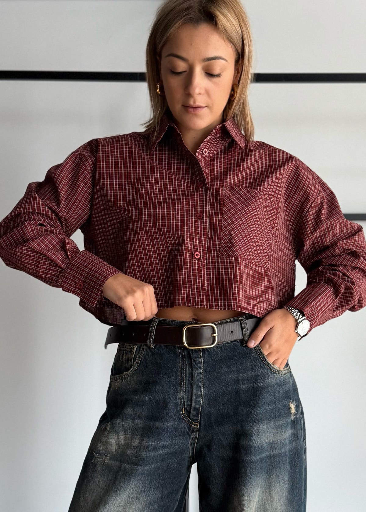 Camicia cropped a quadri con taschino