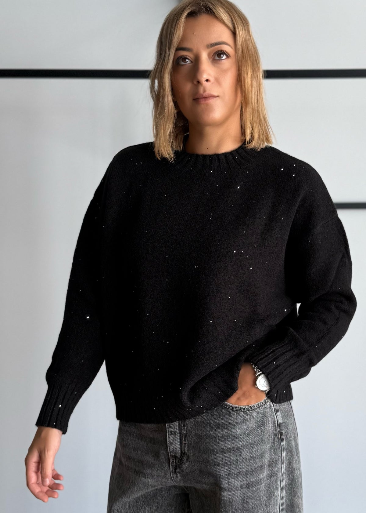 Maglia over nero con micro paillettes - ZAHJR