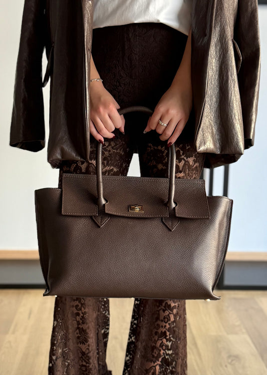 Borsa a Mano in Pelle Martellata - Marrone Cioccolato