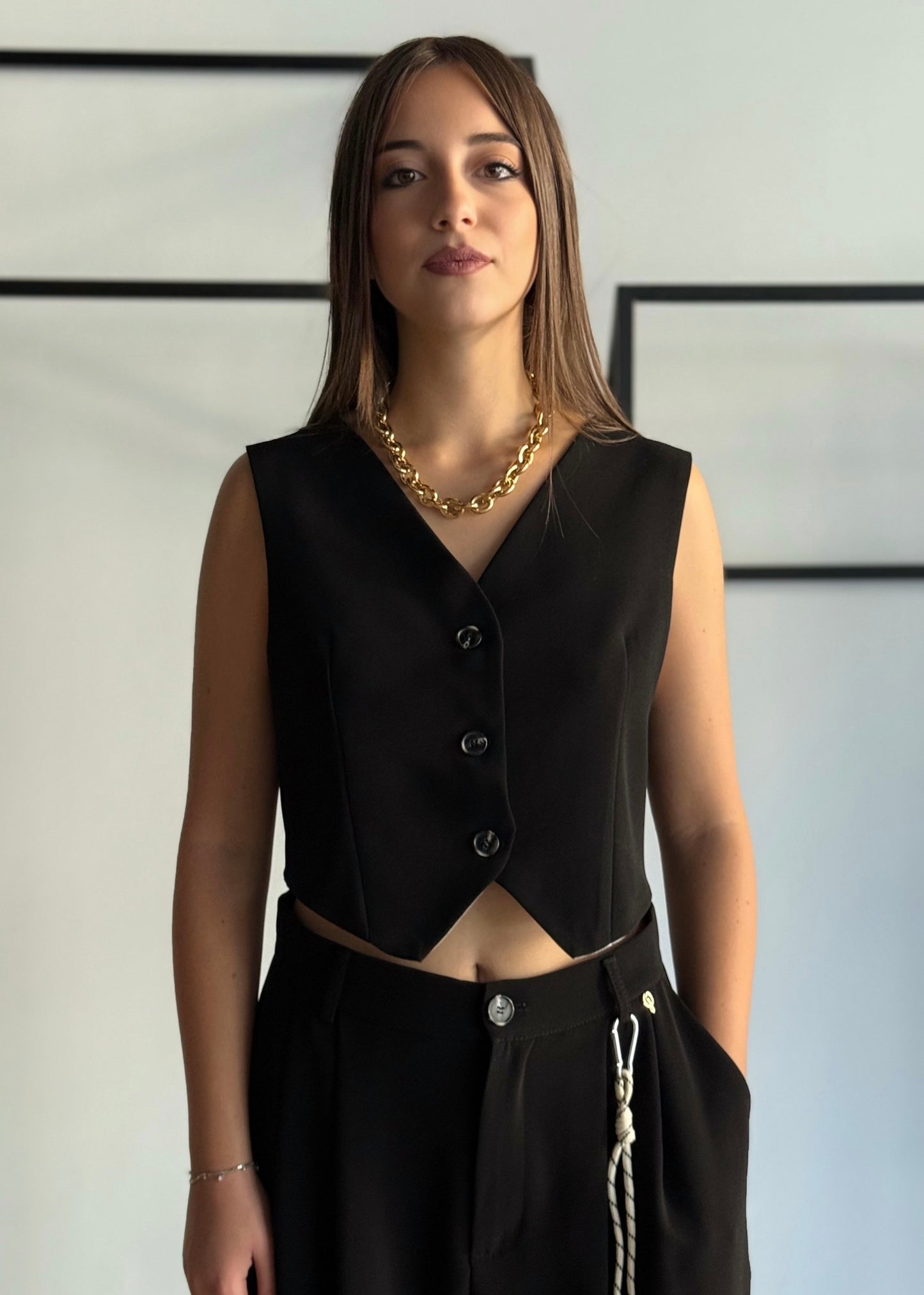 Coordinato gilet e pantalone palazzo in tessuto fluido -PHILIALOFT