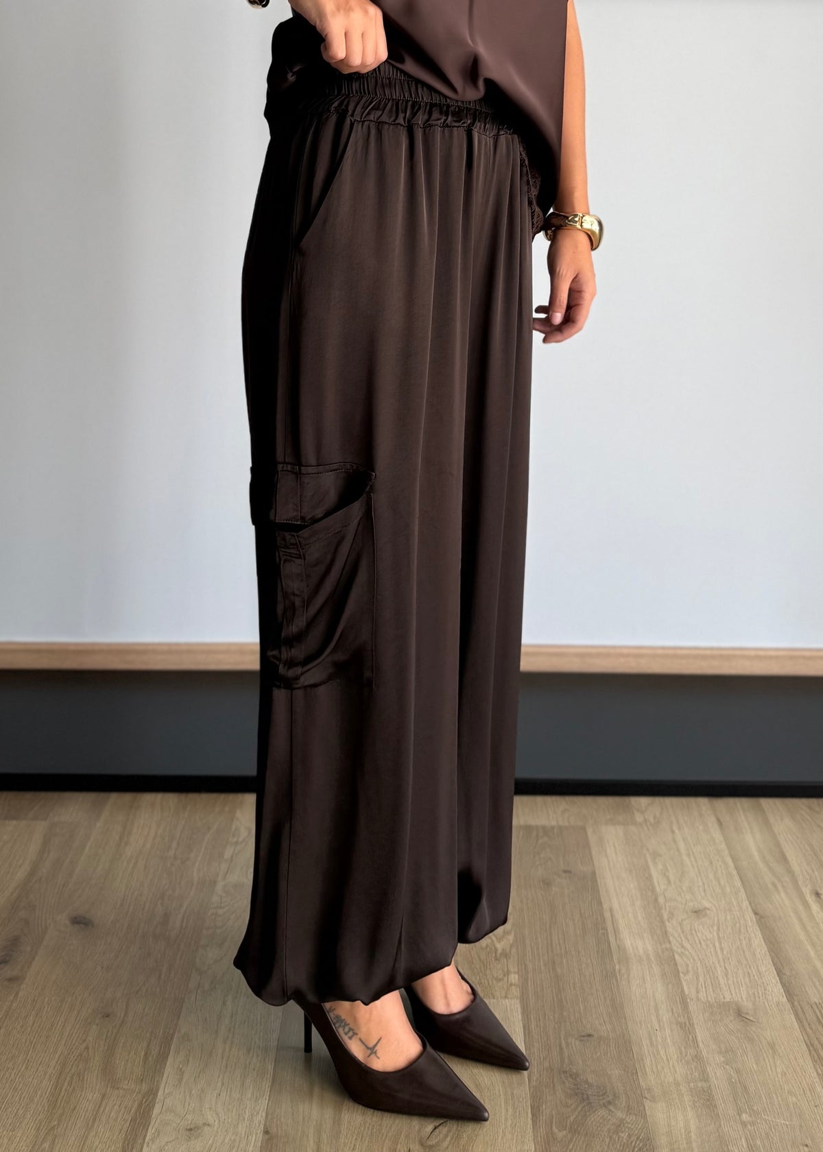Pantalone cargo satinato moro - ZAHJR