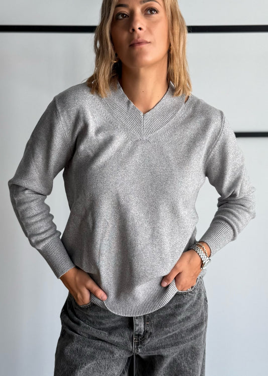 Maglia grigio scollo V in lurex - ZAHJR