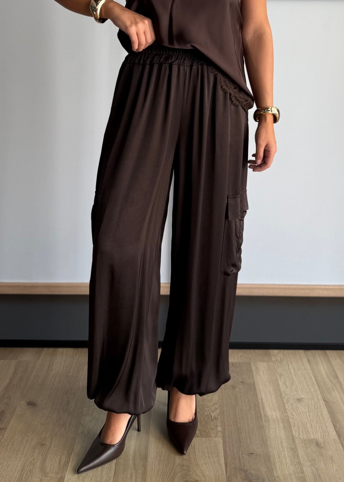 Pantalone cargo satinato moro - ZAHJR