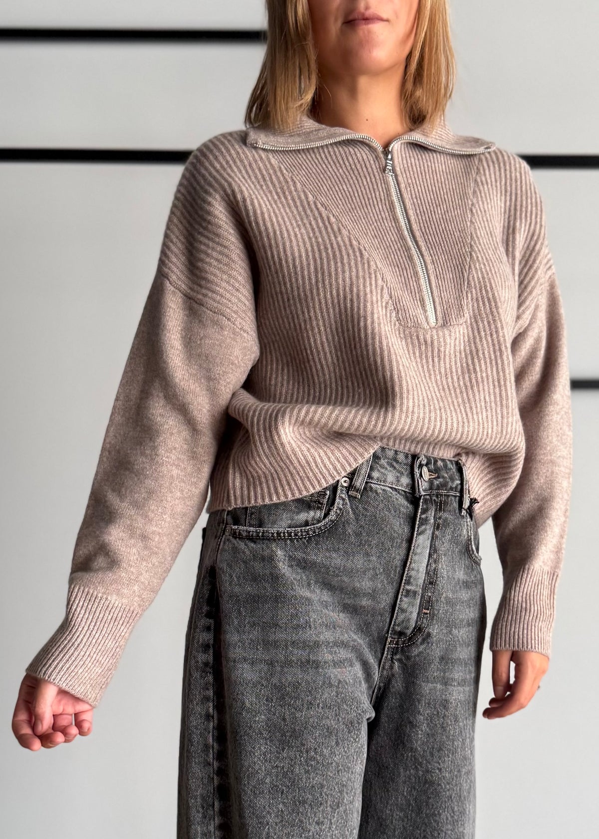 Maglia beige a coste con zip - PHILIALOFT