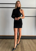 Carica l'immagine nel visualizzatore della galleria, Abito asimmetrico nero collo alto - PHILIALOFT
