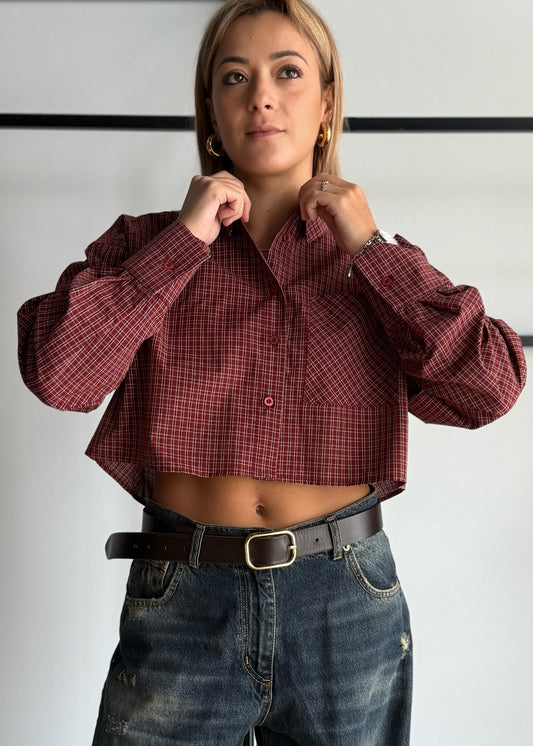 Camicia cropped a quadri con taschino