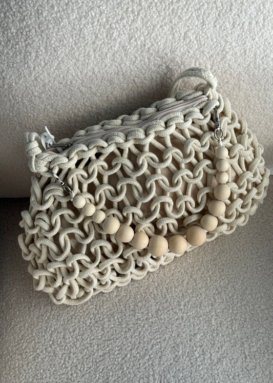 Borsa crema in Corda Intrecciata con Tracolla e Manico di Perle