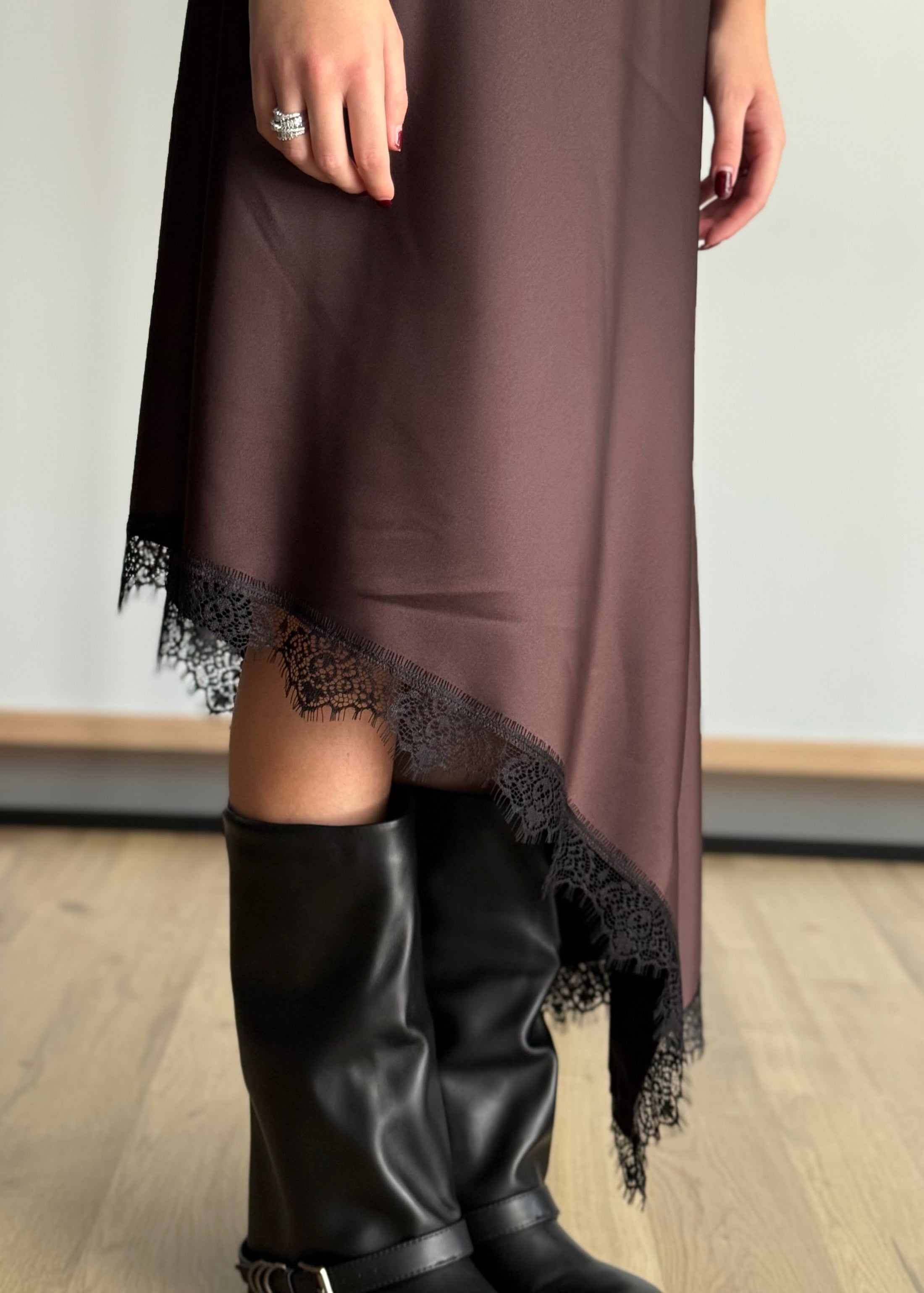 Abito sottoveste asimmetrico in raso con pizzo -PHILIALOFT