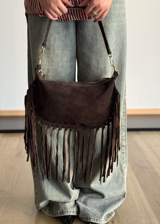 Borsa a Spalla in Camoscio con Frange Lunghe