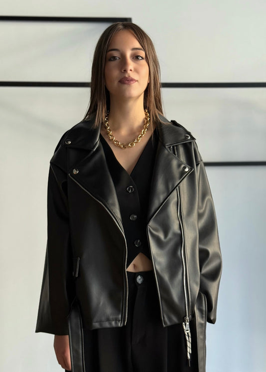 Giacca biker oversize in ecopelle nera