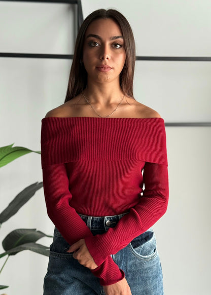 Maglia a coste con scollo Bardot -KONTATTO