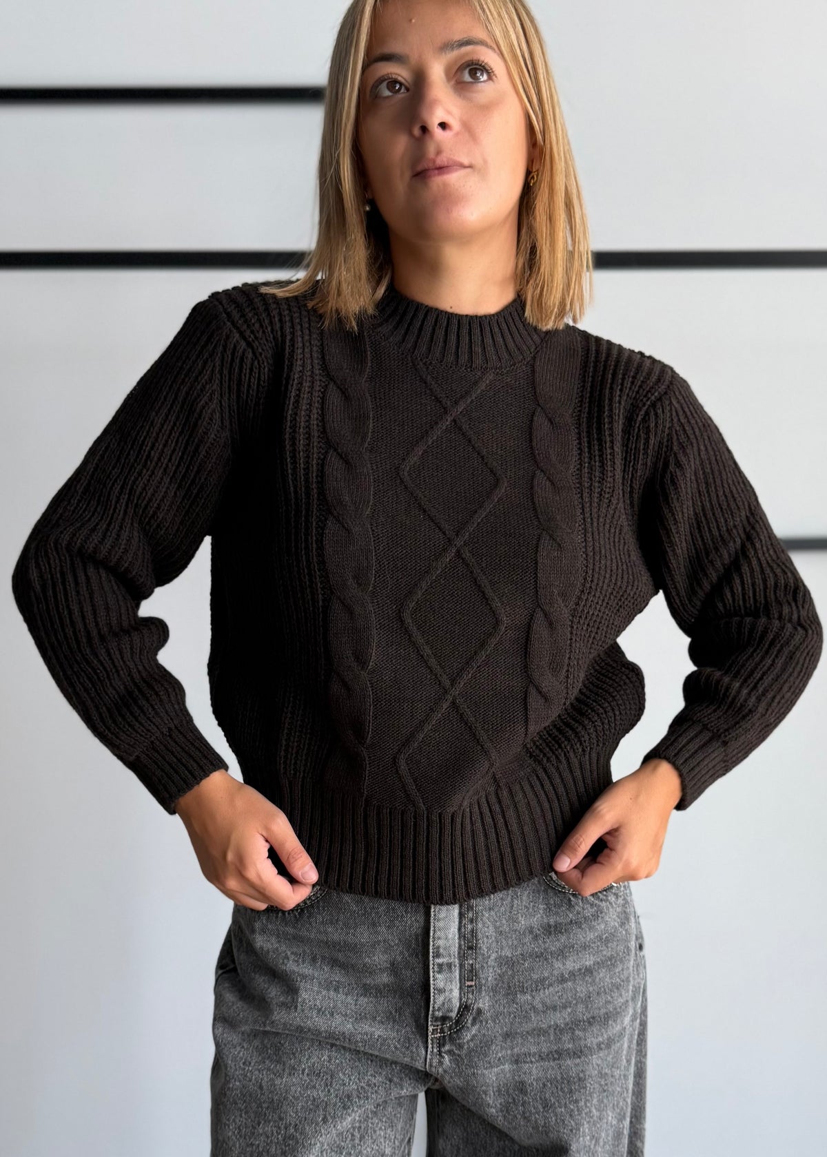 Maglia trecce moro girocollo - ZAHJR