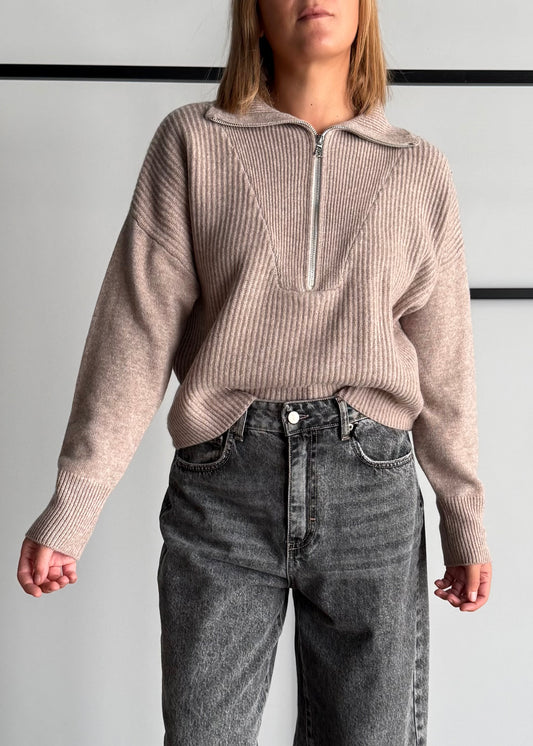Maglia beige a coste con zip - PHILIALOFT