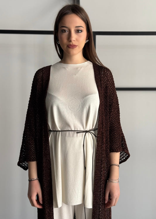 Cardigan lungo KONTATTO traforato con frange