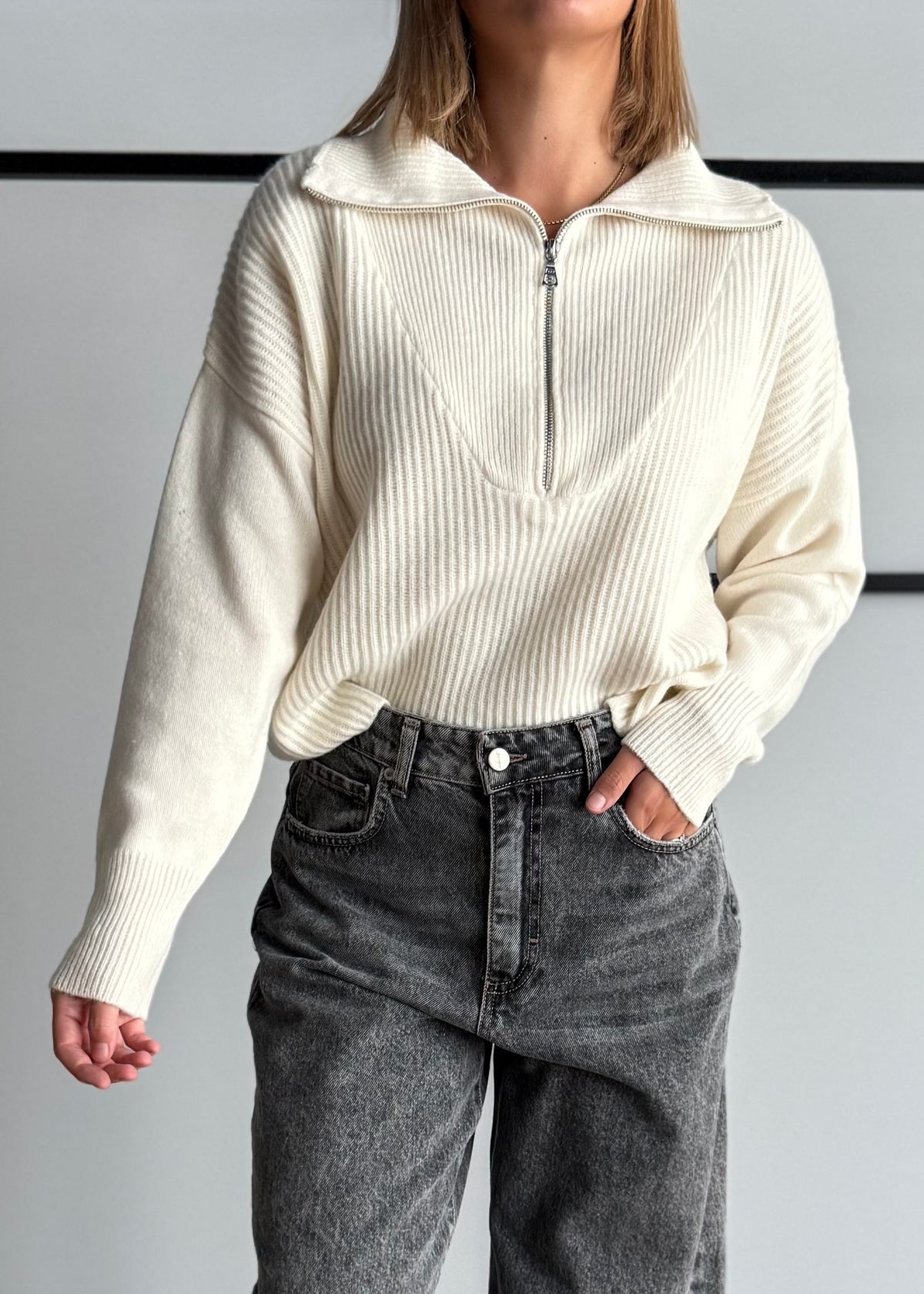 Maglia panna a coste con zip - PHILIALOFT