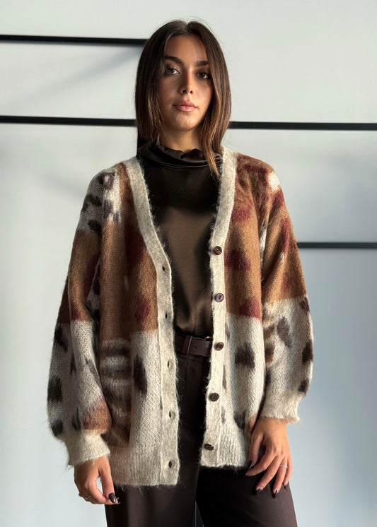 Cardigan morbido in fantasia animalier e geometrica -KONTATTO