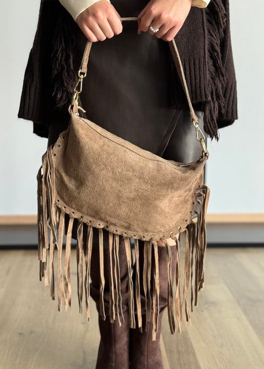 Borsa a Spalla in Camoscio con Frange Lunghe