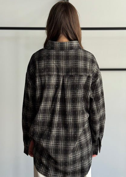 Camicia Oversize Check Nera con Dettagli Brillanti