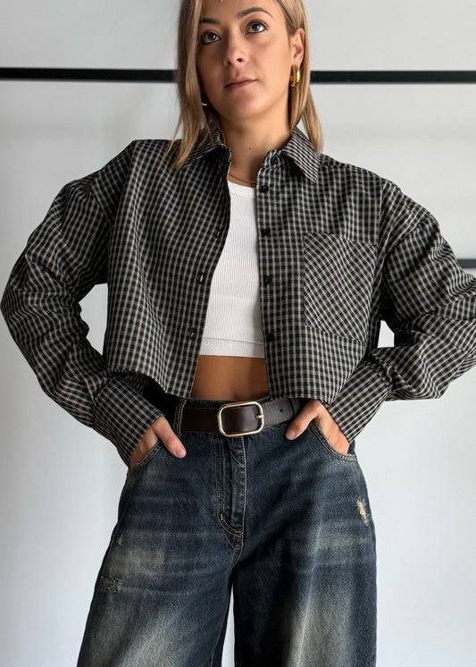 Camicia cropped a quadri con taschino
