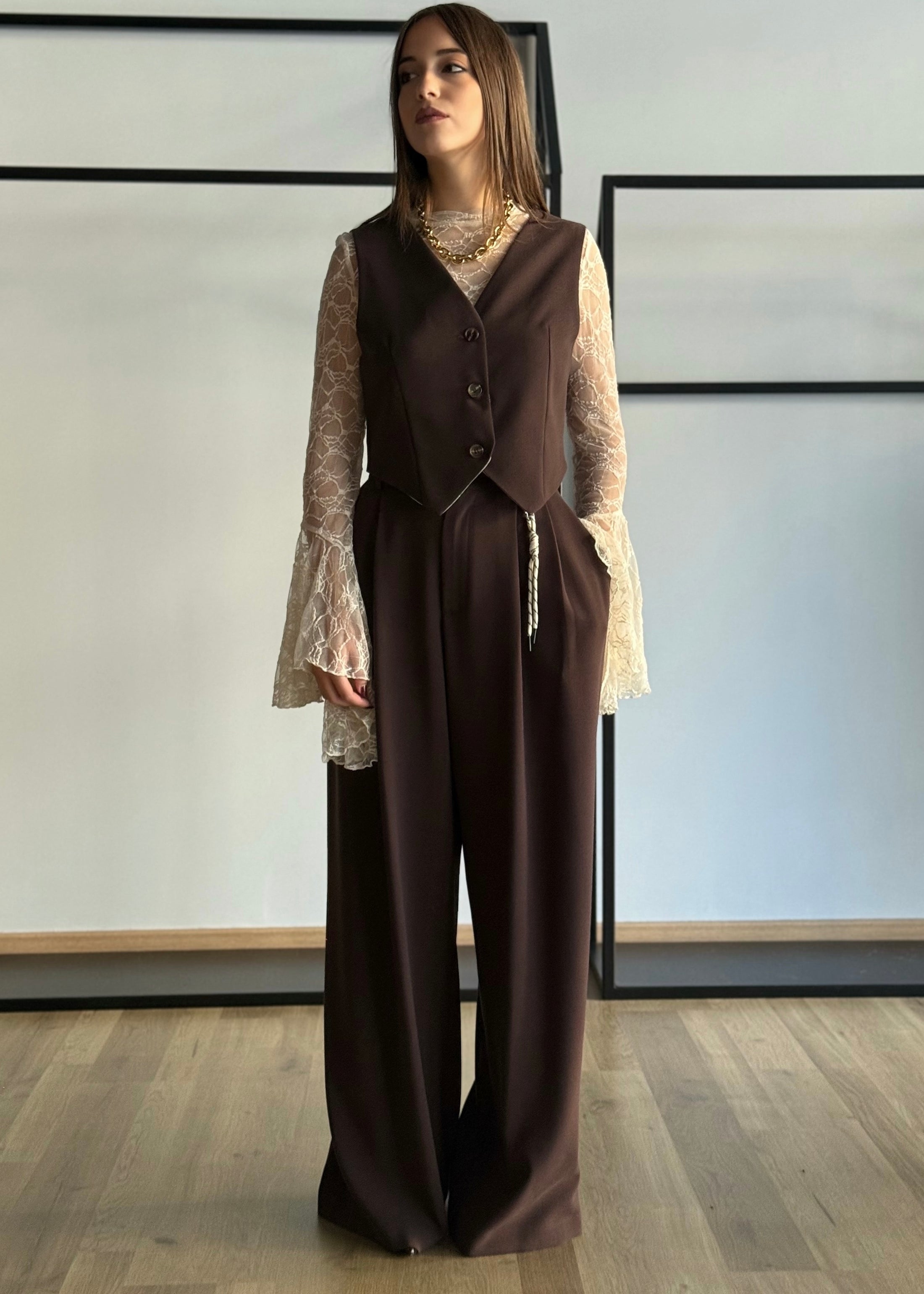 Coordinato gilet e pantalone palazzo in tessuto fluido -PHILIALOFT