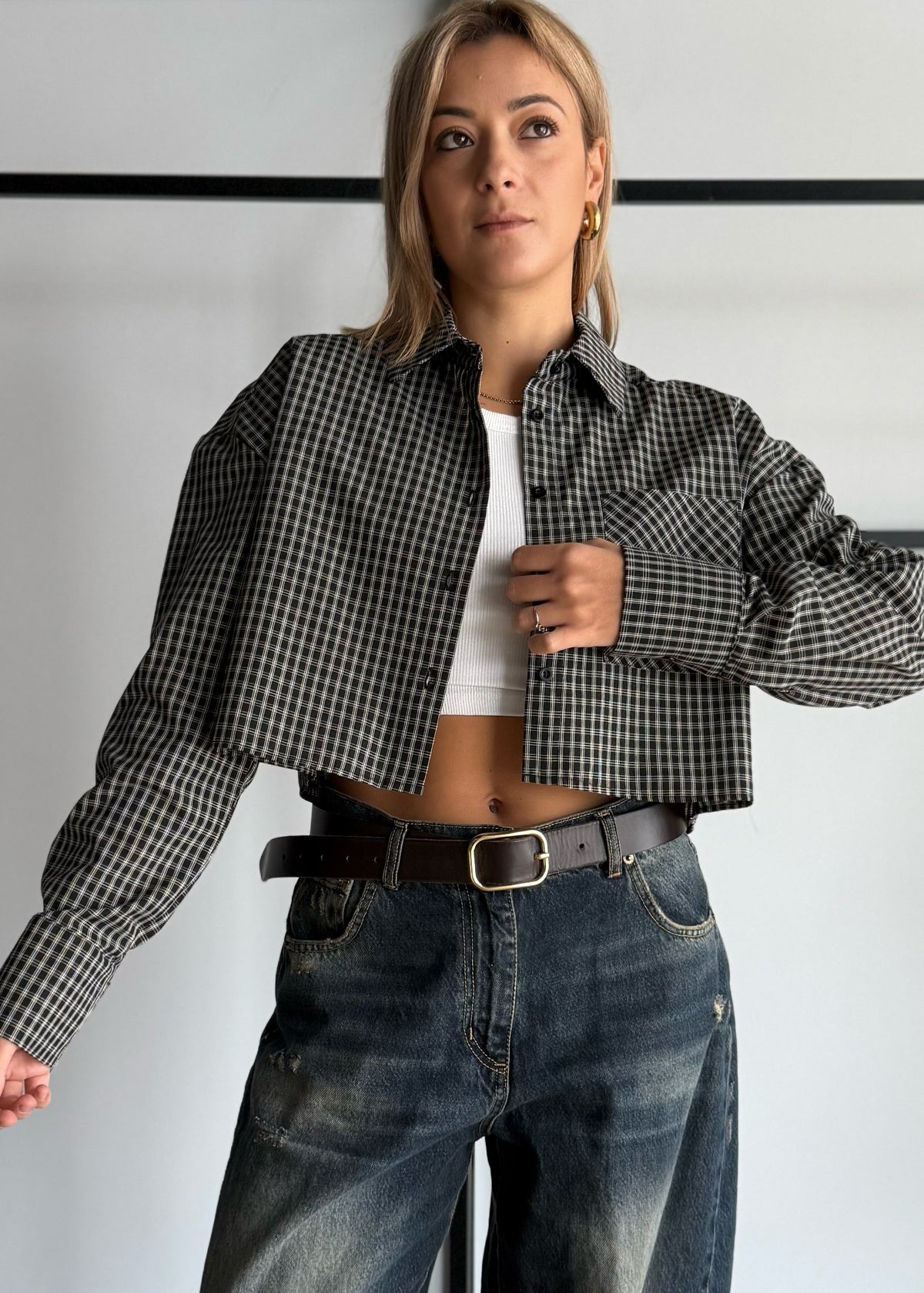 Camicia cropped a quadri con taschino