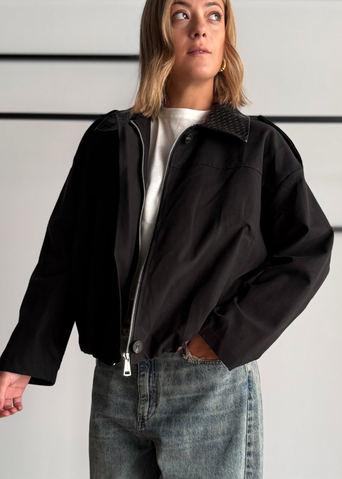 Giacca Bomber nero con Collo in Ecopelle