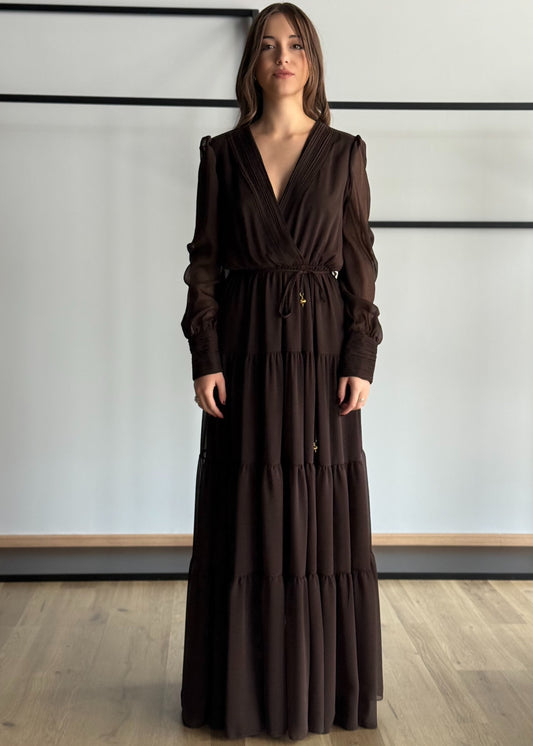Abito lungo in chiffon con scollo a V e cintura -PHILIALOFT