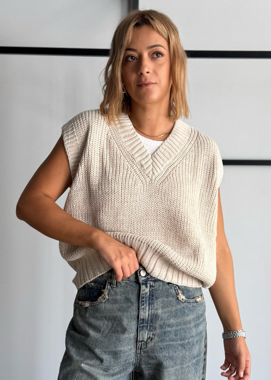 Gilet in maglia latte con scollo a V - ZAHJR