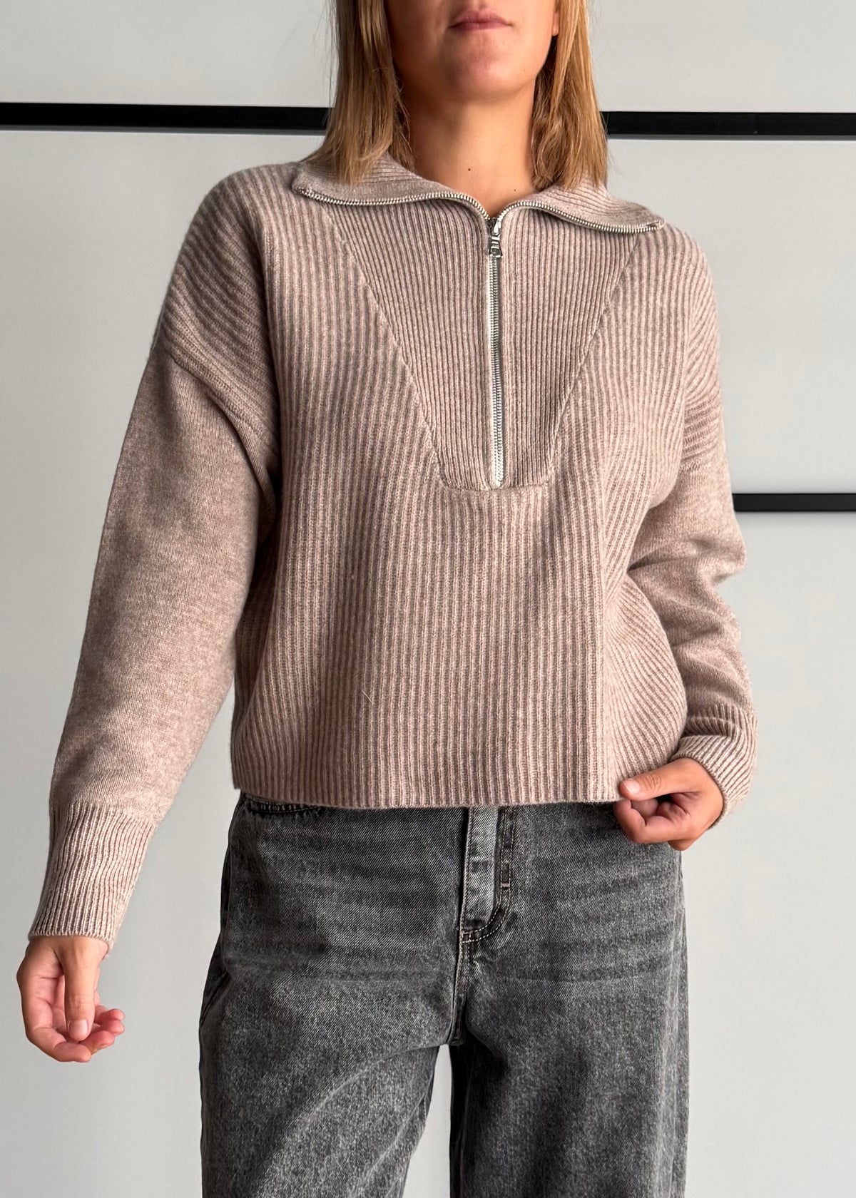 Maglia beige a coste con zip - PHILIALOFT
