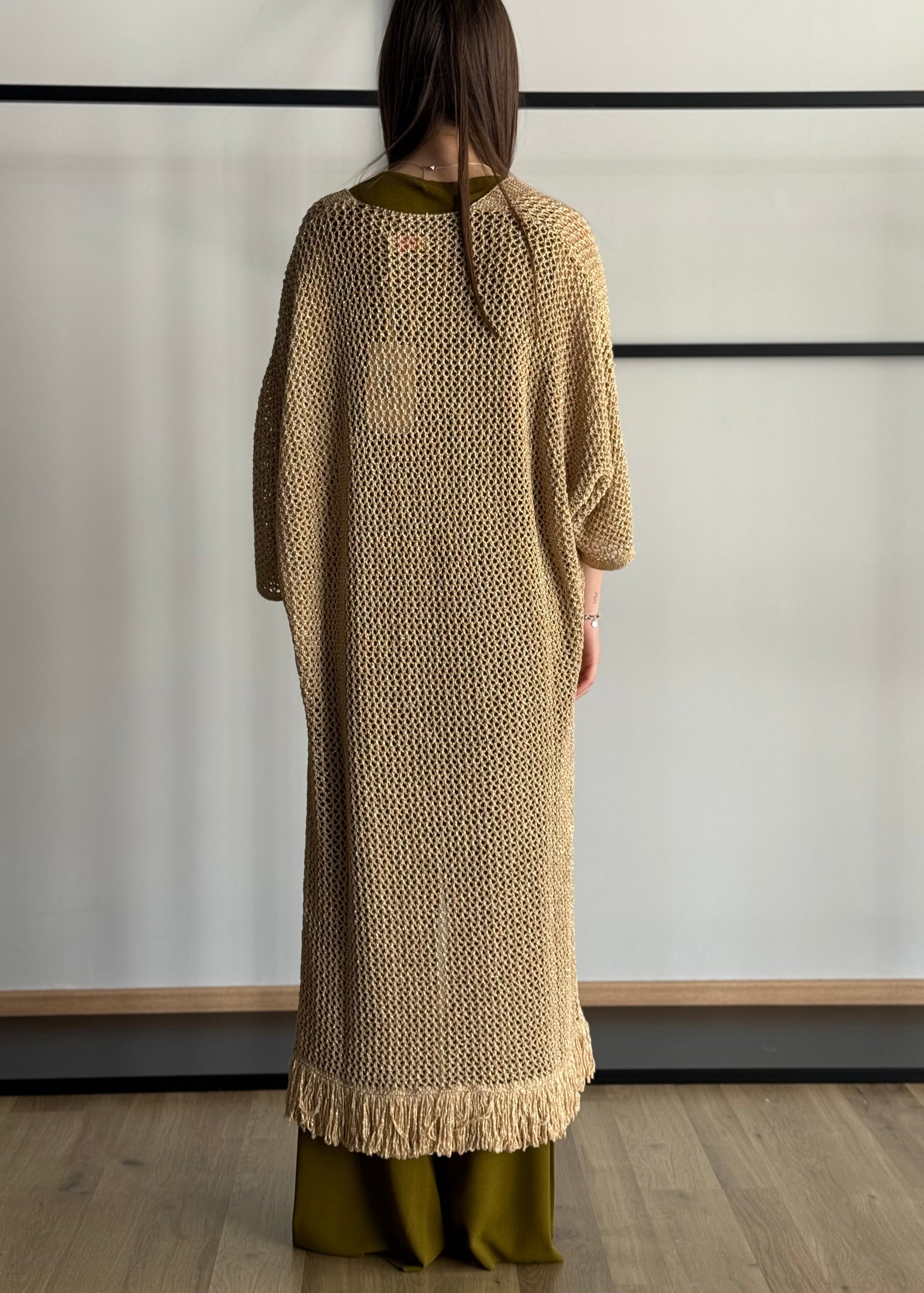 Cardigan lungo KONTATTO traforato con frange
